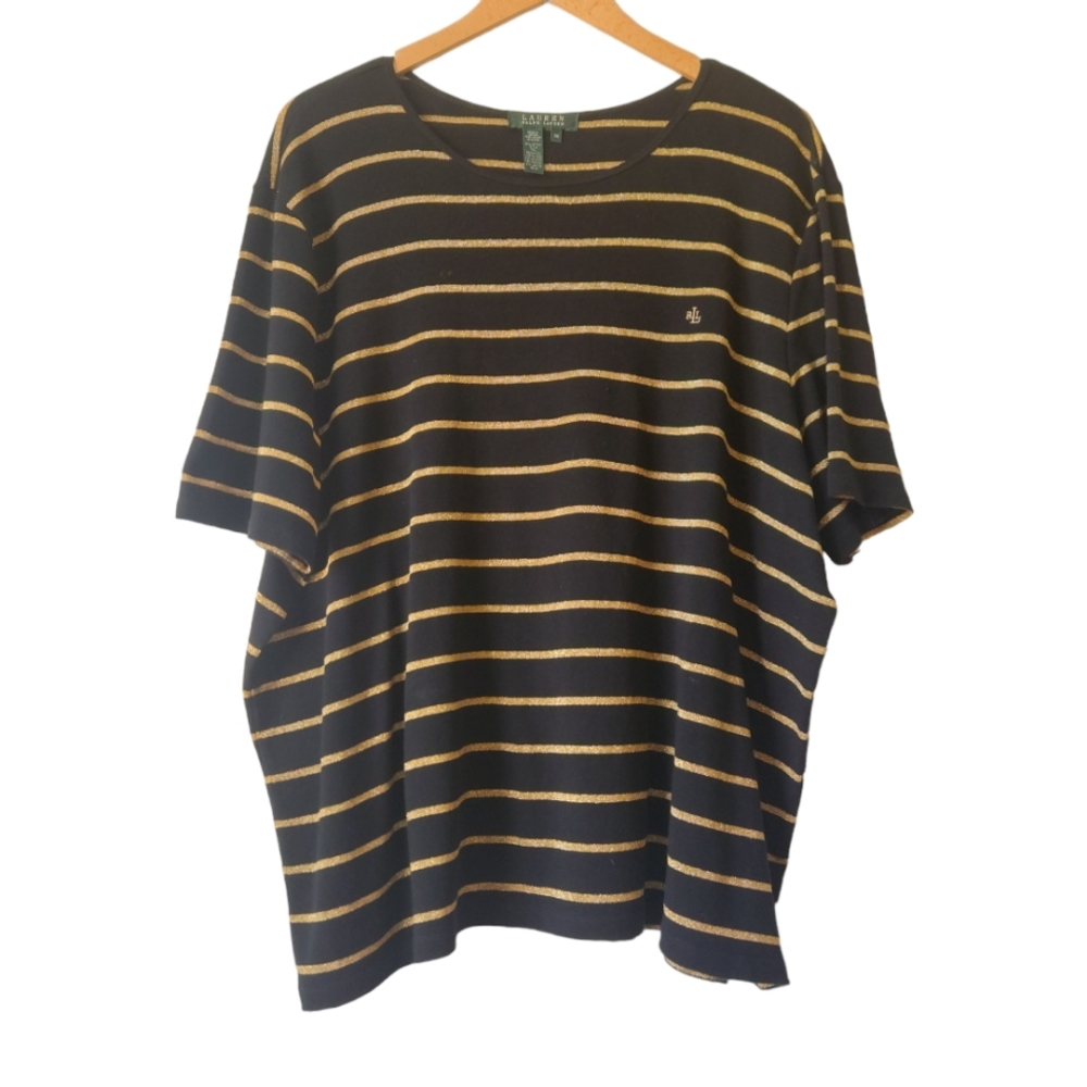LAUREN Ralph Lauren Black and Metallic Gold Striped  Cotton Knit Top Size 3X